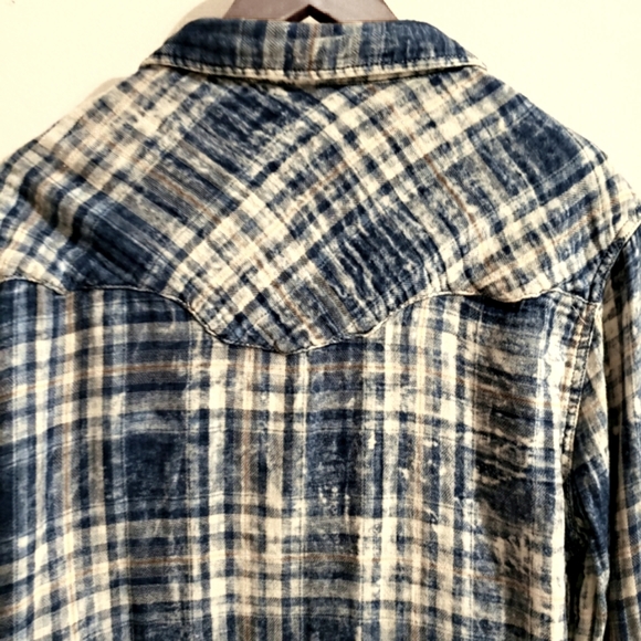 Silver Blue Plaid Soft Light  Flannel Stone Buttons Boho Western Women's Large - Picture 11 of 15